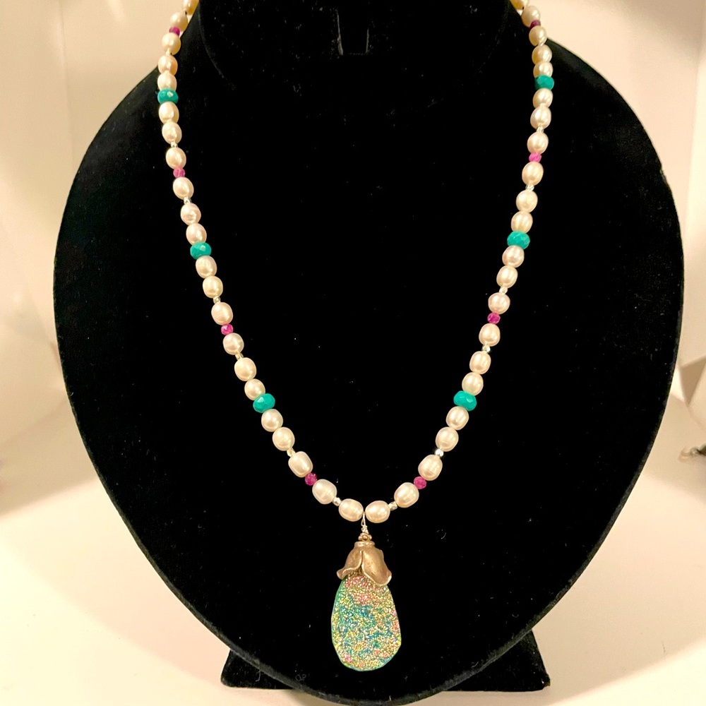 Druzy, Ruby, Pearl and Sterling Silver Necklace
